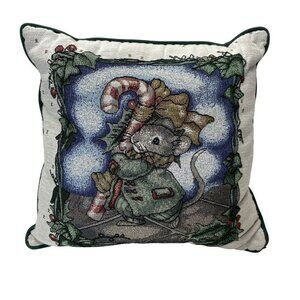 Mouse & Candy Cane Throw Pillow 16"x16" Needlepoint Holiday Christmas Accent